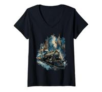 Donna Treno a Vapore Fantasy Castle Magic Vintage Viaggi Maglietta con Collo a V