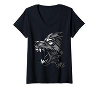 Donna Tribal Wolf Attack Tattoo Style Maglietta con Collo a V