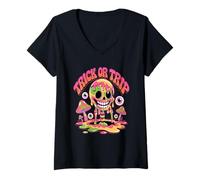 Donna Trick or Trip T-Shirt - Psychedelic Skull Groovy Halloween Maglietta con Collo a V