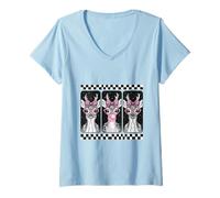 Donna Trio di Cervi Coquette Bow Bubblegum Retro Maglietta con Collo a V