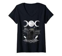 Donna Triple Moon Witch Cat Wicca Wiccan Pagan Symbol Halloween Maglietta con Collo a V