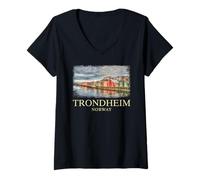 Donna Trondheim Norvegia Viaggi Fiordo nordico Bergen Oslo Bryggen Maglietta con Collo a V
