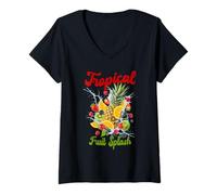 Donna Tropical Fruit Splash Ananas, Arancia, Fragola, Kiwi Maglietta con Collo a V