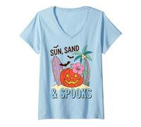 Donna Tropical Halloween Beach Sun Sand & Spooks Maglietta con Collo a V