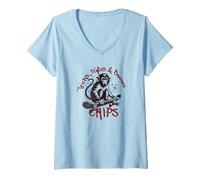 Donna Trucchi, Flips, & Banana Chips Scimmia su Una Tavola da Skate Maglietta con Collo a V