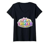 Donna Trucker Happy Easter Truck Driver Bunny Uova Orecchie Festive Maglietta con Collo a V