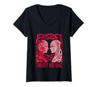 Donna Trust No One Traditor Mask Hidden Pugnale Linocut Maglietta con Collo a V
