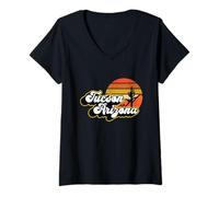 Donna Tucson Arizona Retro Tramonto E Cactus 1980s Vintage Maglietta con Collo a V