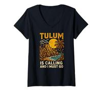 Donna Tulum Is Calling I Must Go Vintage Donna Beach Life Maglietta con Collo a V