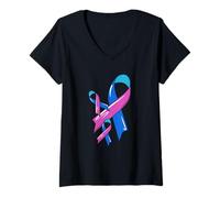 Donna Tumore della tiroide consapevolezza del Nastro combattente Chemo Blu Rosa Teal Maglietta con Collo a V
