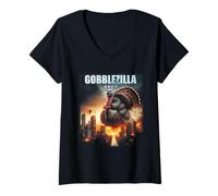 Donna Turchia Giorno Ringraziamento Gobblezilla Divertente Gobble Mostro Maglietta con Collo a V