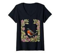 Donna Turdus migratorius con il fiore del Connecticut Maglietta con Collo a V