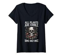 Donna Tutte Le Piante Sono commestibili Alcune Solo Una Volta Botanica dei Funghi del Cranio Maglietta con Collo a V