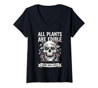 Donna Tutte Le Piante Sono commestibili Alcune Solo Una Volta Botanica dei Funghi del Cranio Maglietta con Collo a V