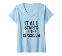 Donna Tutto inizia in classe. stile vintage invecchiato Maglietta con Collo a V