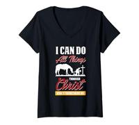 Donna Tutto Posso in Cristo Versetto Bibbia Fede Shirt Maglietta con Collo a V