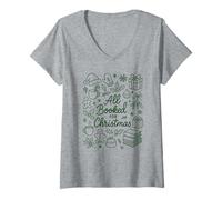Donna Tutto prenotato per Natale Holiday Reader Bookish Doodle Maglietta con Collo a V