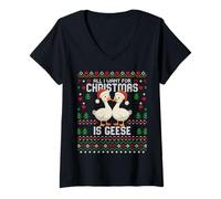 Donna Tutto Quello Che Voglio per Natale è Geese Ugly Xmas Sweater Goose Maglietta con Collo a V