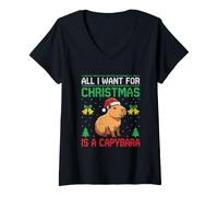 Donna Tutto Quello Che Voglio per Natale è Un Brutto Maglione Capybara Maglietta con Collo a V