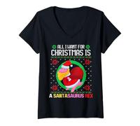 Donna Tutto Quello Che Voglio per Natale è Un Brutto Maglione Santasaurus Rex Maglietta con Collo a V
