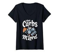 Donna 'TWAS The Carbs M'Lord Funny Pizza Cat Knight Maglietta con Collo a V