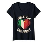 Donna Two Flags One Family Italian Chinese Family Roots Maglietta con Collo a V