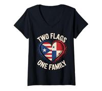 Donna Two Flags One Family Puerto Rico Panama Heart Maglietta con Collo a V