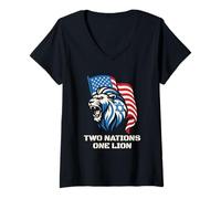 Donna Two Nations One Lion - Design Patriottico USA Israele Maglietta con Collo a V