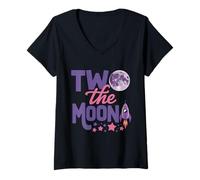 Donna Two The Moon 2nd Birthday Space 2 Anni Maglietta con Collo a V