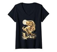 Donna Tyrannosaurus Rex Ululando alla Luna Meme Maglietta con Collo a V