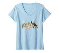 Donna Uccelli colorati sul ramo fiore di ciliegio Giappone stile Bird Watcher Maglietta con Collo a V
