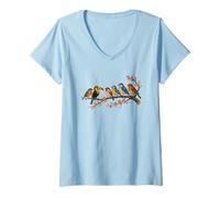 Donna Uccelli colorati sul ramo fiore di ciliegio Giappone stile Bird Watcher Maglietta con Collo a V
