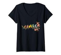 Donna Uccelli colorati sul ramo fiore di ciliegio Giappone stile Bird Watcher Maglietta con Collo a V