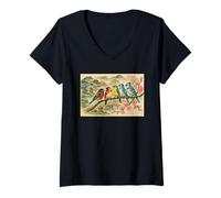 Donna Uccelli colorati sul ramo fiore di ciliegio Giappone stile Bird Watcher Maglietta con Collo a V