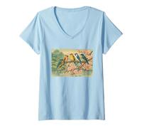 Donna Uccelli colorati sul ramo fiore di ciliegio Giappone stile Bird Watcher Maglietta con Collo a V