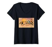 Donna Uccelli colorati sul ramo fiore di ciliegio Giappone stile Bird Watcher Maglietta con Collo a V