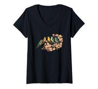 Donna Uccelli colorati sul ramo fiore di ciliegio Giappone stile Bird Watcher Maglietta con Collo a V