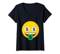 Donna Ufficiale Emoji Soldi Occhi Lingua Dollaro Giallo Smile Face Maglietta con Collo a V