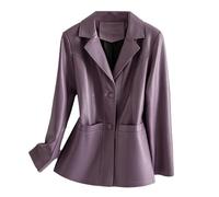 Donna Ufficio Signora Chic Split Pecora Giacca In Pelle Singolo Petto Chiusura Turn-Down Collare Manica Lunga Capispalla Breve, Viola, XL