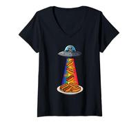 Donna UFO Abduction Hotdog Moon Day Alien Flying Saucer Salsiccia Maglietta con Collo a V