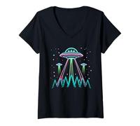 Donna UFO Abduction Line Art Moon Day Alien Astronave Fantascienza Maglietta con Collo a V