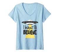 Donna UFO Alien Abduction Beam Divertente Voglio Credere Maglietta con Collo a V
