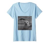 Donna UFO Baby Seal Selfie con Divertente Gioco di Parole Maglietta con Collo a V
