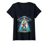 Donna UFO che abducerà un agricoltore confuso | Divertente cartone Maglietta con Collo a V