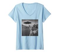 Donna UFO Devon Rex Cat Selfie con Invasione aliena Amante degli Maglietta con Collo a V