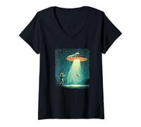 Donna UFO divertente trasmette un pesce per avventure cosmiche Maglietta con Collo a V