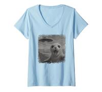 Donna UFO in difficoltà Baby Seal Selfie con Divertente Invasione Maglietta con Collo a V