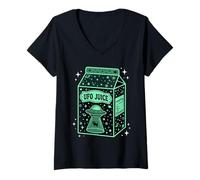 Donna UFO Juice Retro Cat Abduction Alien Space Milk Cosmos Maglietta con Collo a V