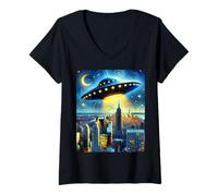 Donna UFO sopra New York City, Notte stellata di Van Gogh Maglietta con Collo a V
