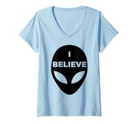 Donna UFO Testa aliena Divertente - I Believe Maglietta con Collo a V